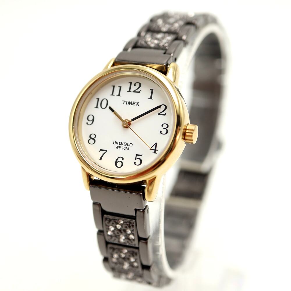 Timex Indiglo Easy Read Gold Tone 25mm Watch Black Gem Bracelet w New Battery